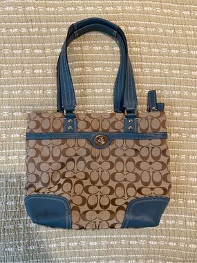 Coach Tan Signature Canvas Tote with Blue Trim